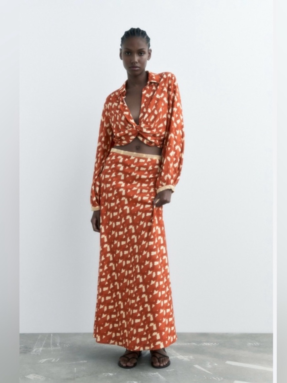 NWT Zara Rust and Cream Printed Crop Top Knotted Front Women’s Size S